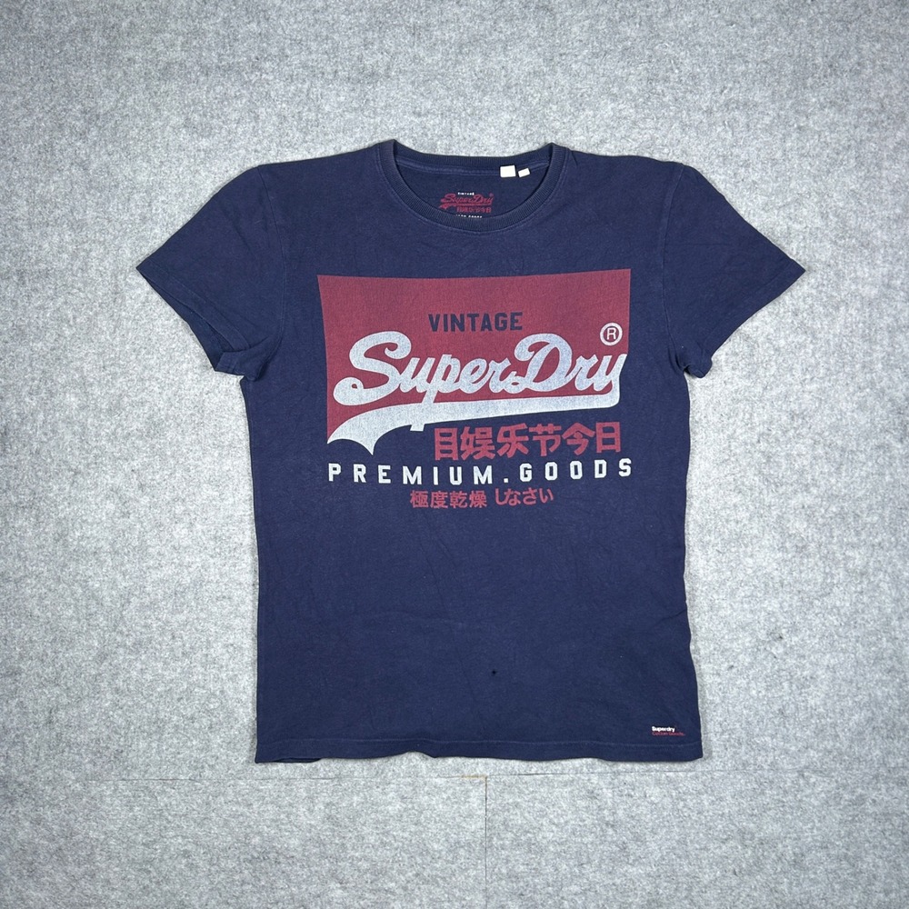 Superdry T Shirt Mens Medium Navy Blue Premium Goods Logo big graphic